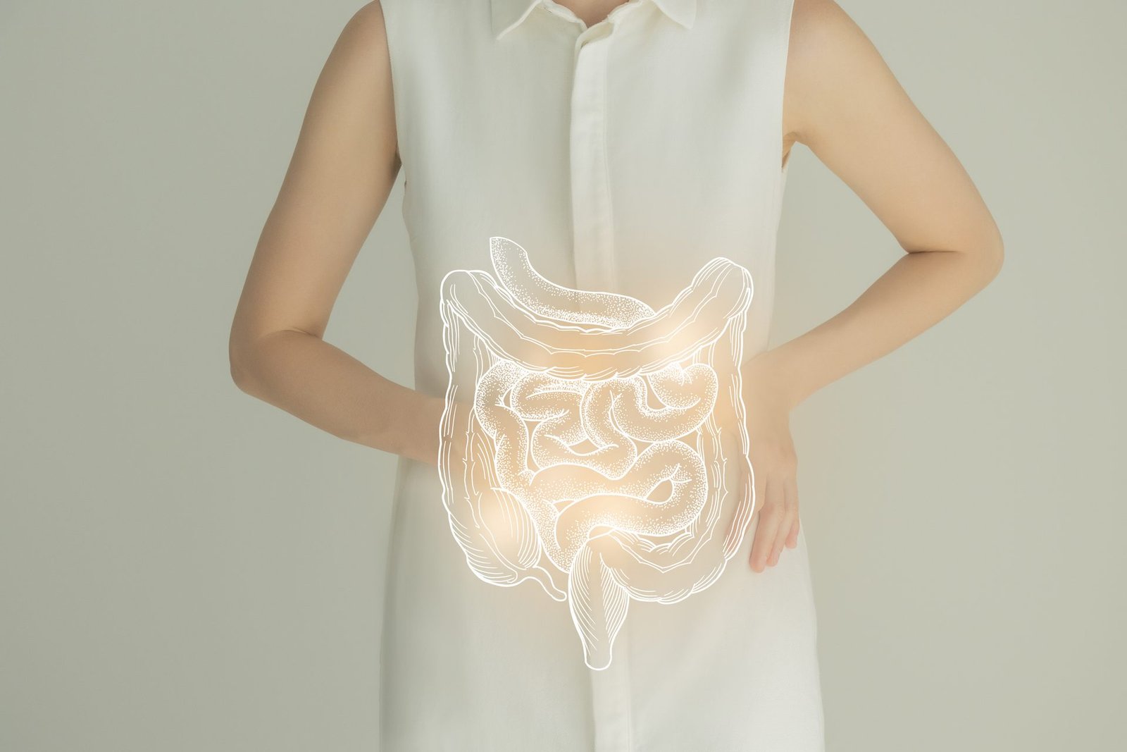 Uma imagem de uma pessoa com uma imagem animada de instestino no meio da barriga